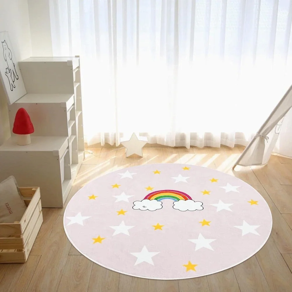 Round Beige Rainbow Star Kids Room Decor Rug 47‎ Inch